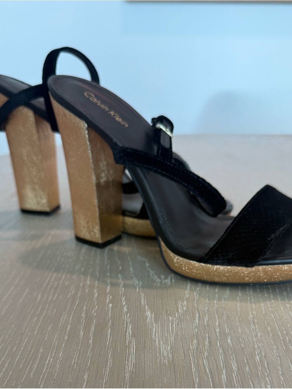 Calvin Klein Black Suede Sandals with Gold Metallic Block Heels